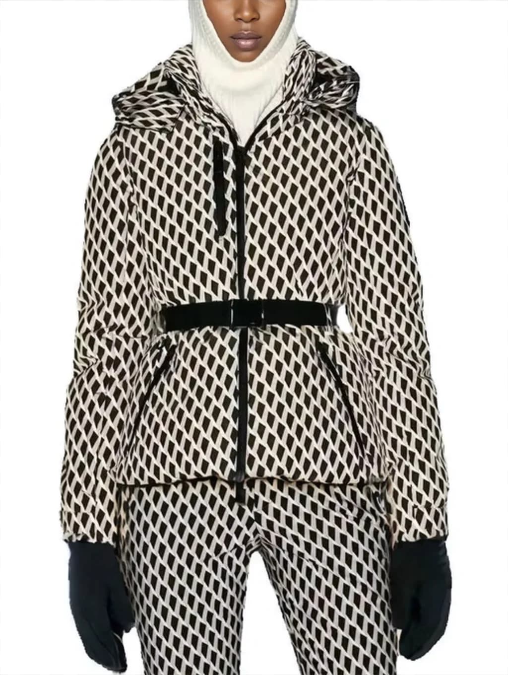 Women's Winter Hooded High Waist Padded Sport Parkas Coats with Belt Female Elegant Thick Warm Pockets Windproof Skiing Jackets