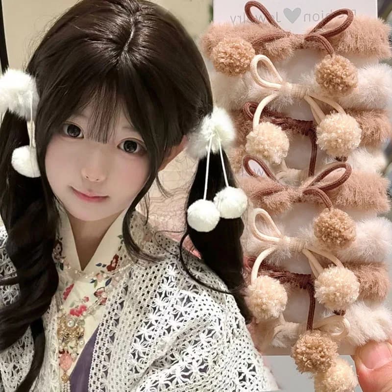 Cute Plush Bowknot Hair Ties for Kids Girls High Elasticity Simple Basic Solid Colors High Ponytail Headbands Fashion Headwear