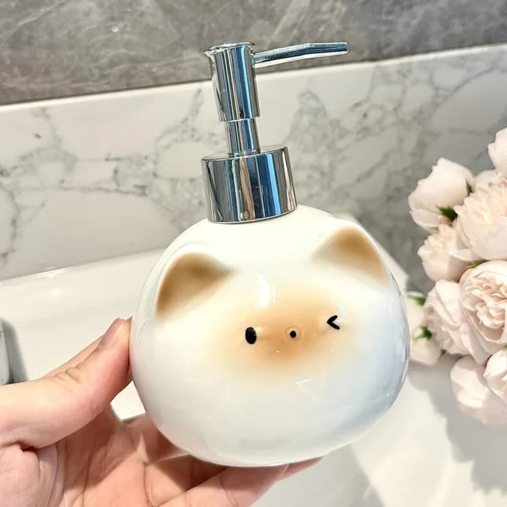 Dispenser in Ceramica a Forma di Gatto Siamese per Disinfettante Mani, Shampoo, Gel Doccia e Sapone Liquido