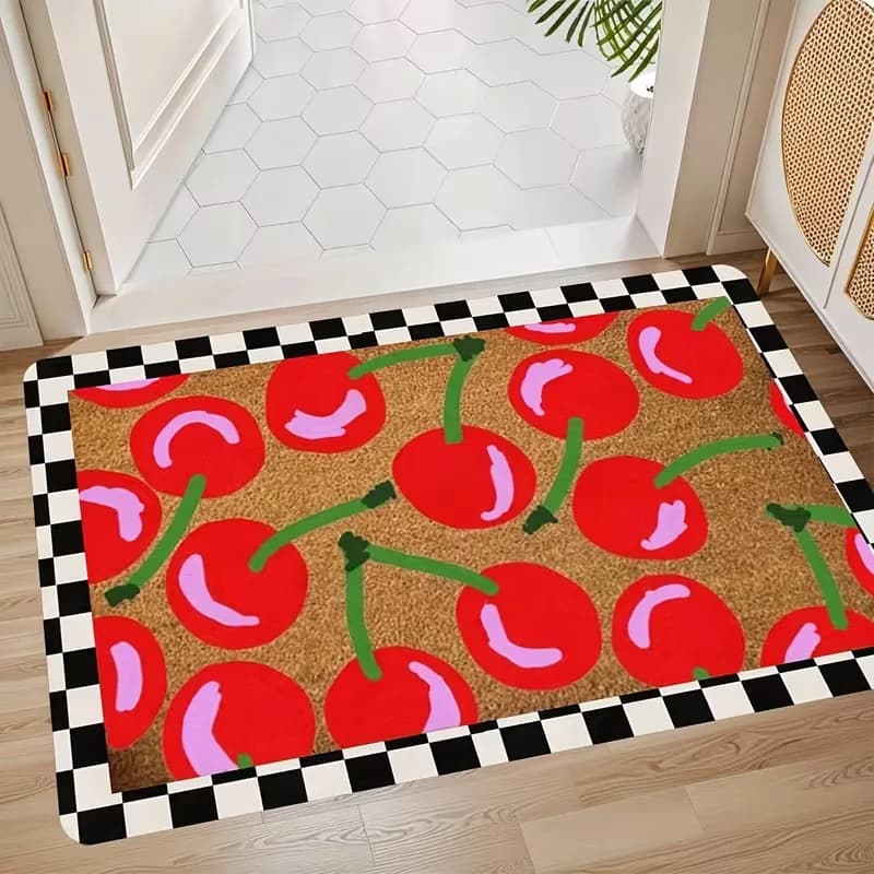 Checkerboard Border Cherry Doormat Anti-slip Absorbent Entry Rug Cute Fruit Pattern Floor Mat Front Entrance Summer Decor