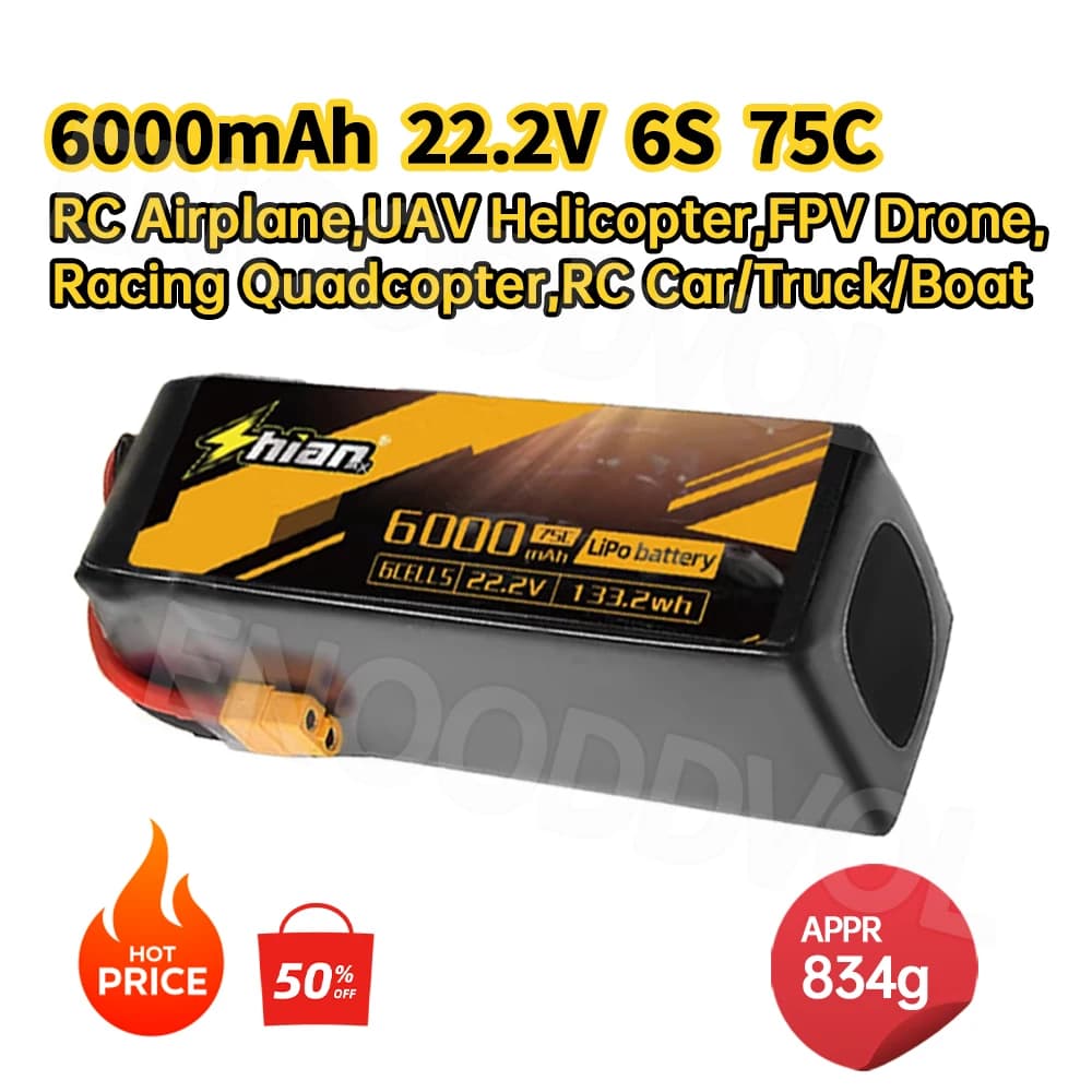 Batteria Lipo da 22,2 V 6000 mAh con spina XT60 XT90 T 6S 75C Batteria per RC Quadcopter Elicottero FPV Racing Drone RC Car Truck