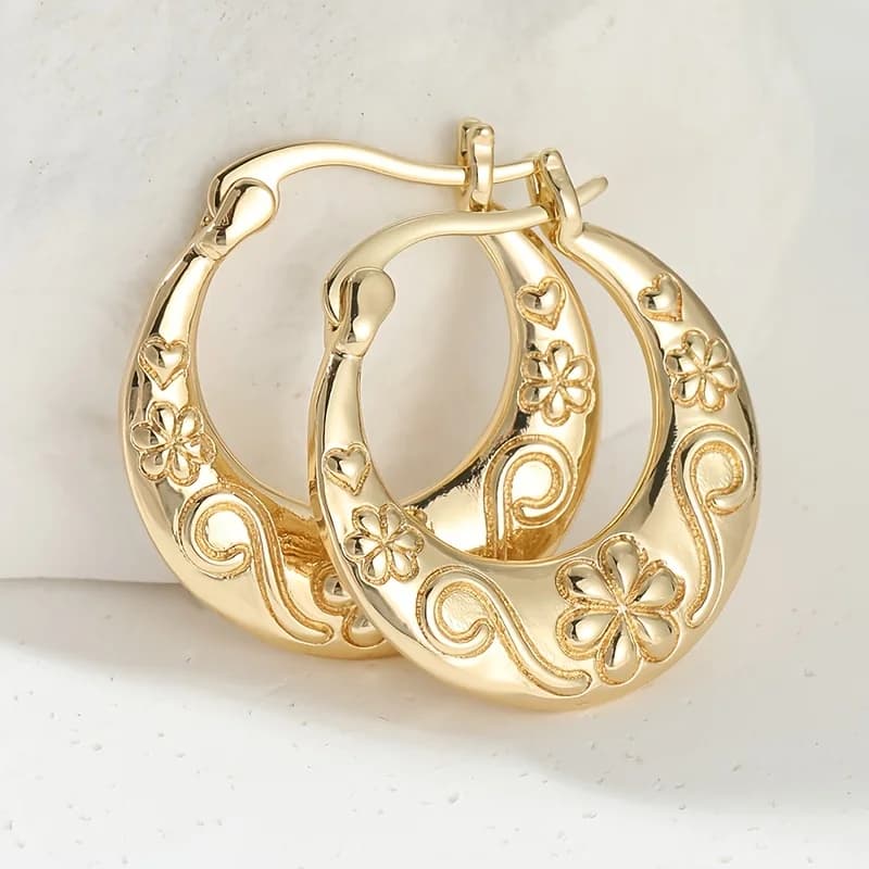 Ethnic Style Vintage Hoop Earrings For Women Handmade Carved Pattern Banquet Party Earrings Elegant Jewelry