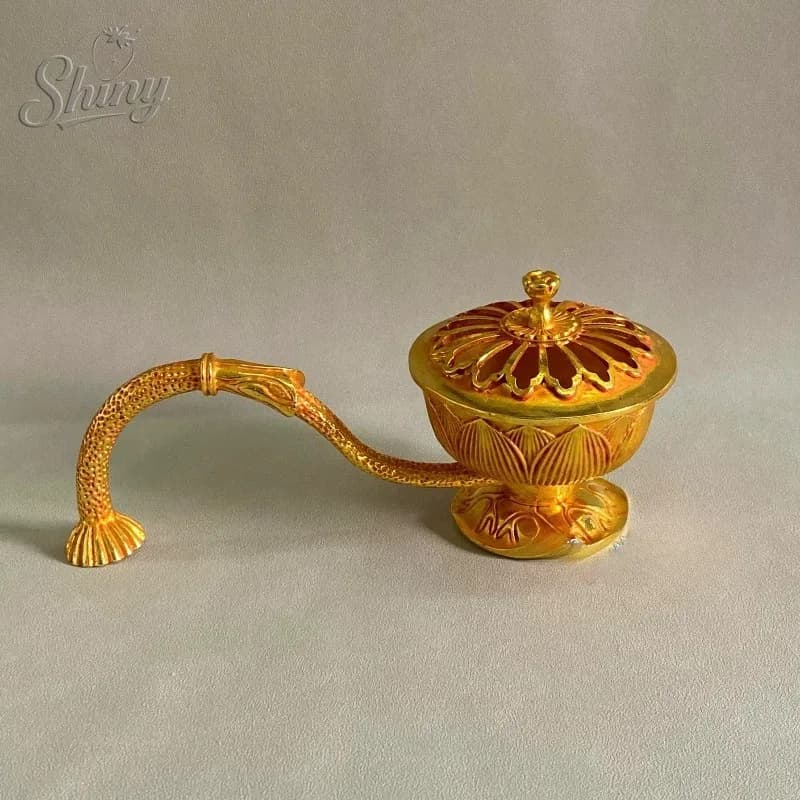 Antique Lotus Flower Incense Burner with Handle Retro Lotus Hollow Out Incense Stick Burner Brass Metal Craft Home Decor