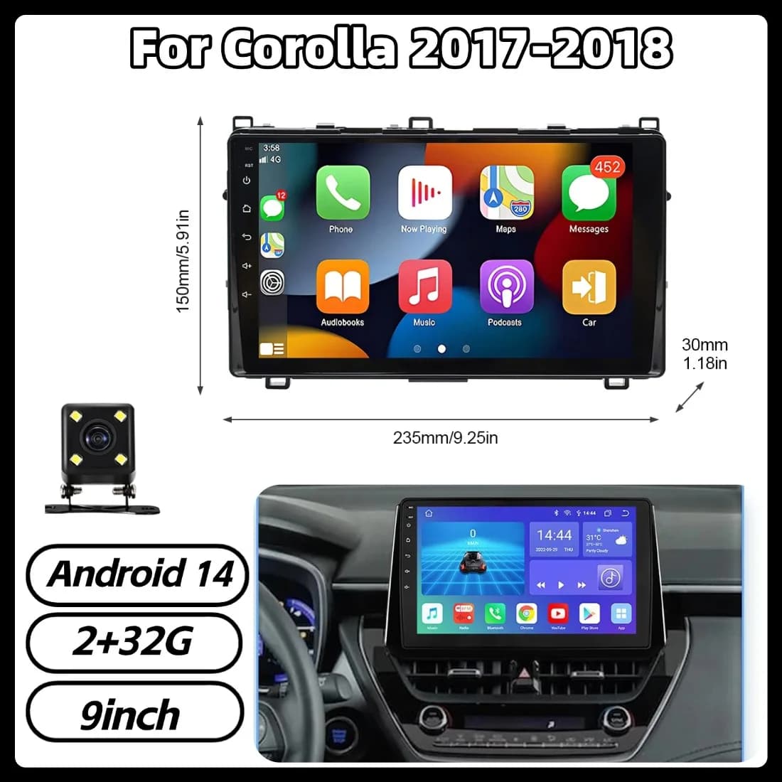Autoradio Android 14 da 9 pollici 2+32G con GPS per Corolla 2017-2018, compatibile con Carplay e Android Auto, touchscreen IPS, radio Bluetooth