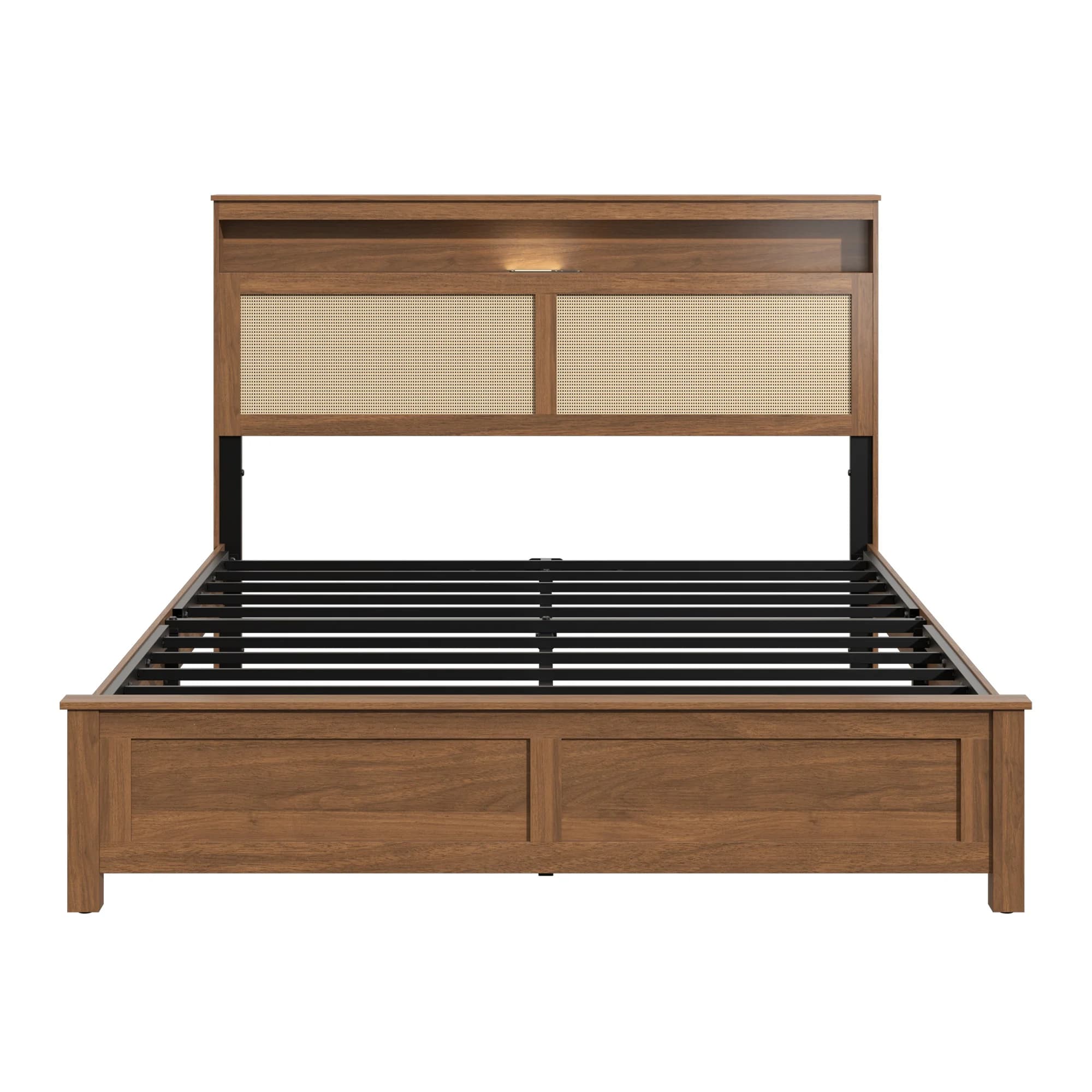 Queen Size Platform Bed Frame with Rattan Headboard and LED Reading Light, Modern Farmhouse Wood Bed with Storage Shelf, No Box Spring Needed