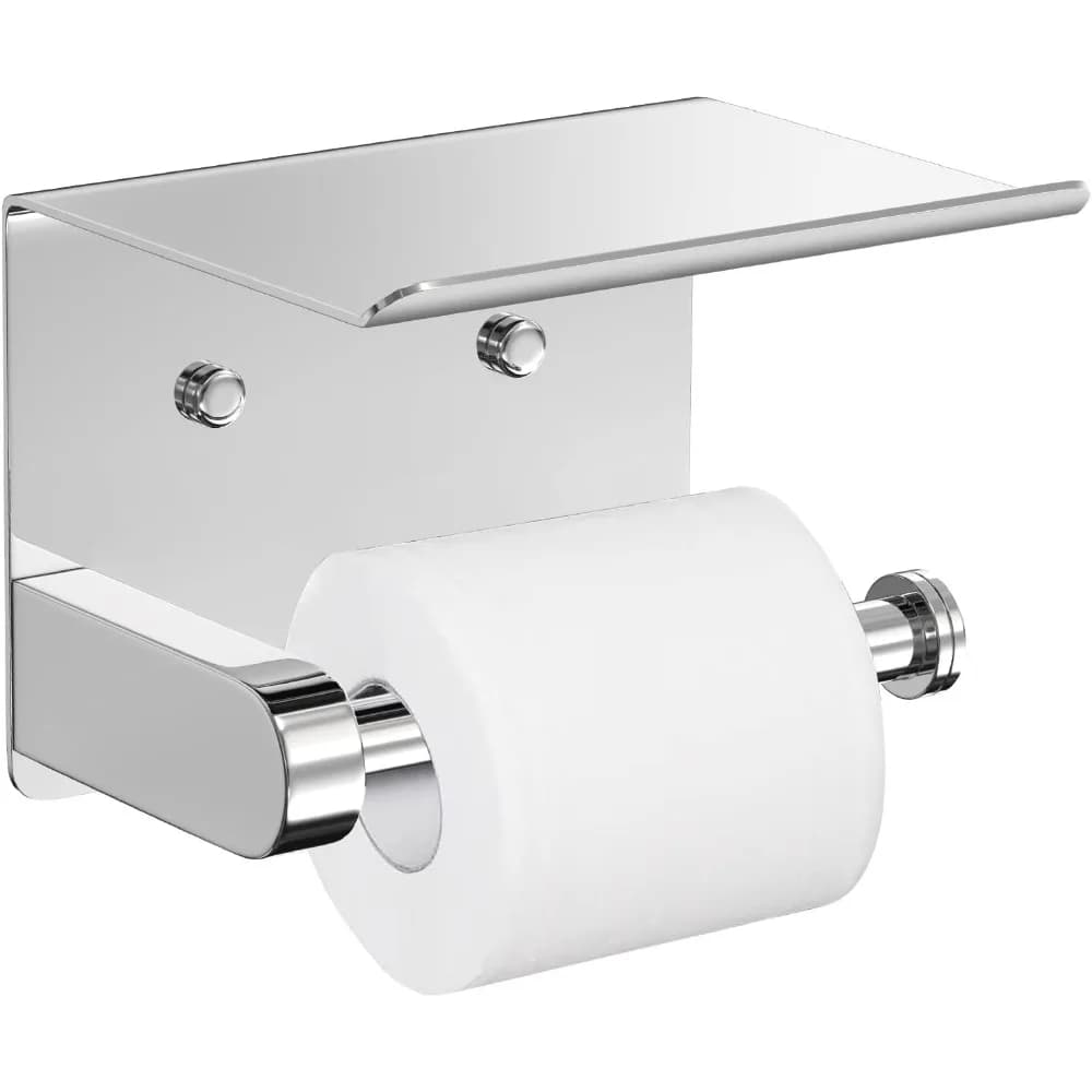 Self Adhesive Toilet Paper Holder with Phone Shelf Stainless Steel Wall Mounted Toilet Paper Roll Holder - Bathroom Washroom Tissue Roll Holder with Storage Shelf - Bright Surface
