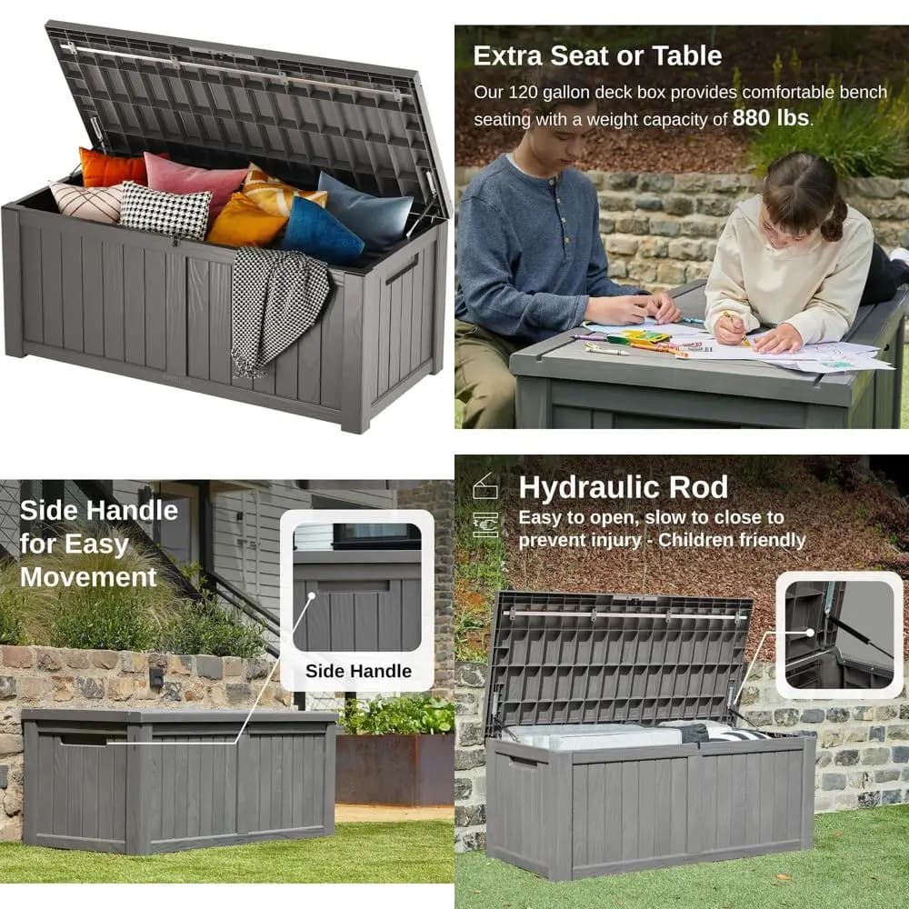 Outdoor Container, 450 Liters Garden Box with Stainless Steel Auction, Large Resin Container for Patio Bearings, Garden Tools, Waterproof