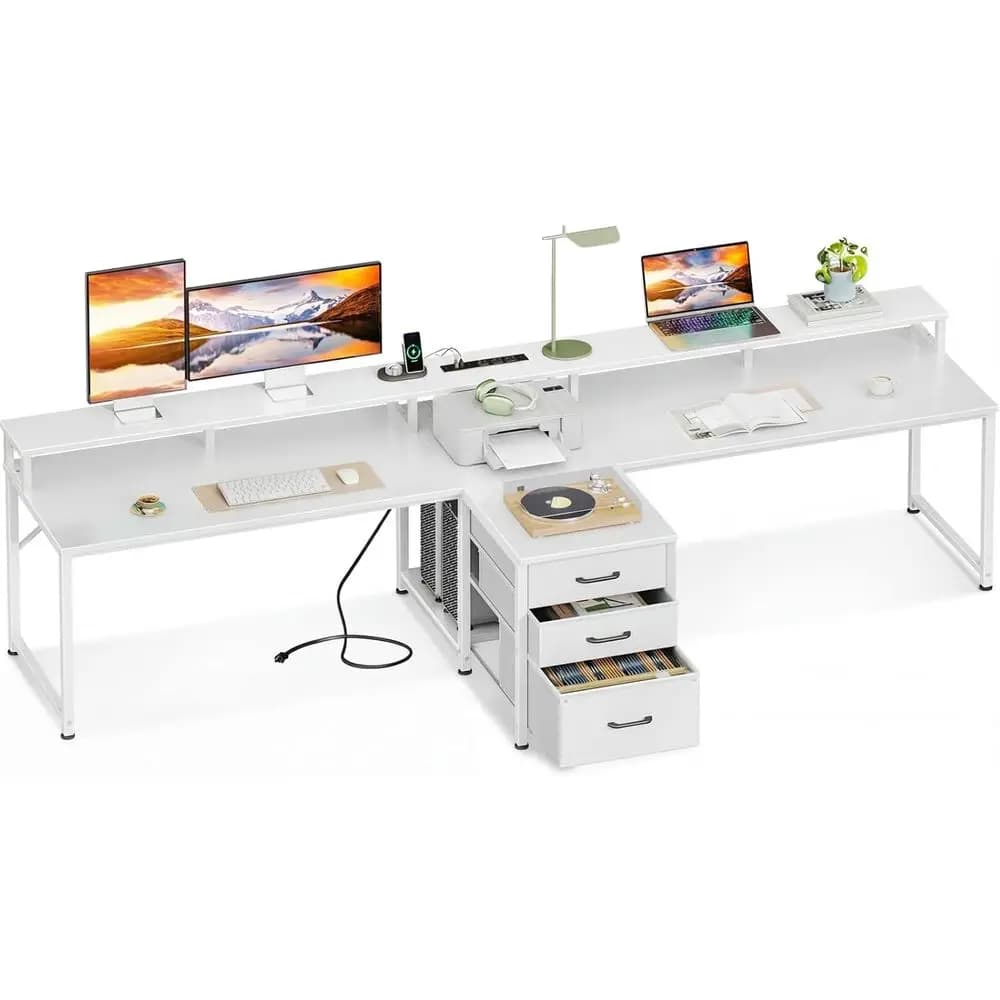 Scrivania da ufficio per due persone con presa di corrente, cassetti in tessuto, schedario, ampia superficie di scrittura, supporto per monitor, ripiano portaoggetti