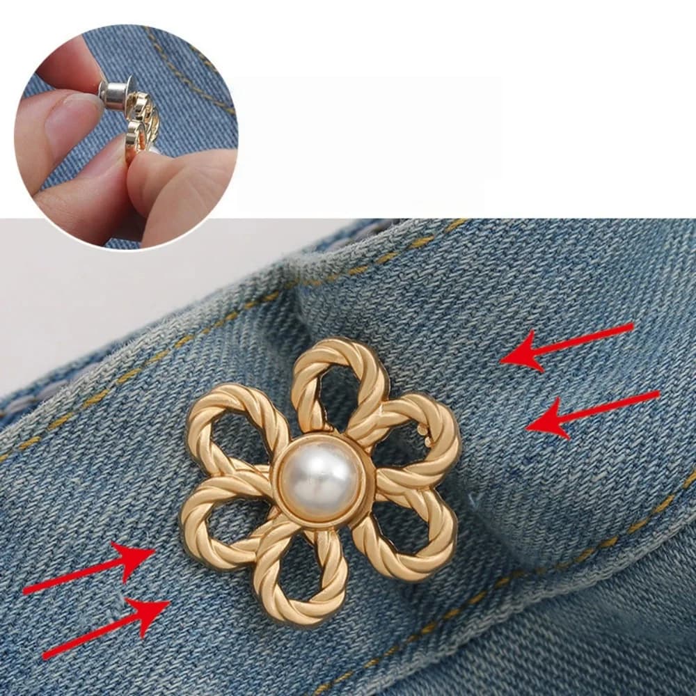 4 sets of gold flower-shaped waist cinchers, elegant vintage style, adjustable denim for loose jeans, pants, and skirts.