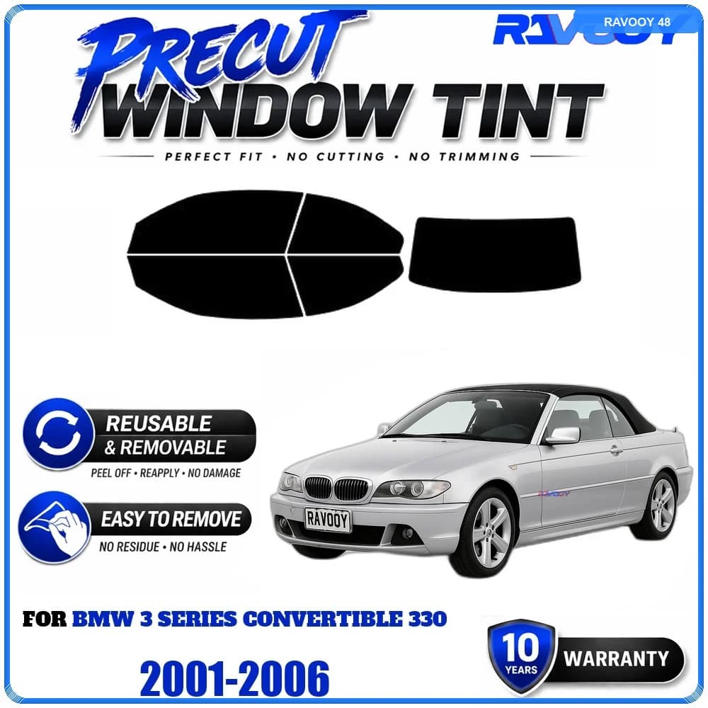 Precut Window Tint, Reusable Removable EPU Film, Custom Fit for Bmw 3 Series Convertible 330 2001-2006, UV Heat Protection
