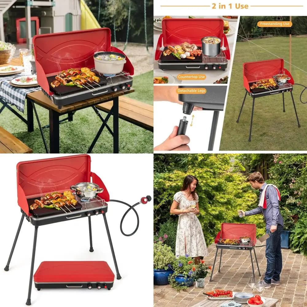 Gas Grid Propano Portable and Fornello Camping, Burner from 20,000 BTU, Adjustable Heat, Wind Protection on 3 Sides, Stackable Legs, Ideal for O