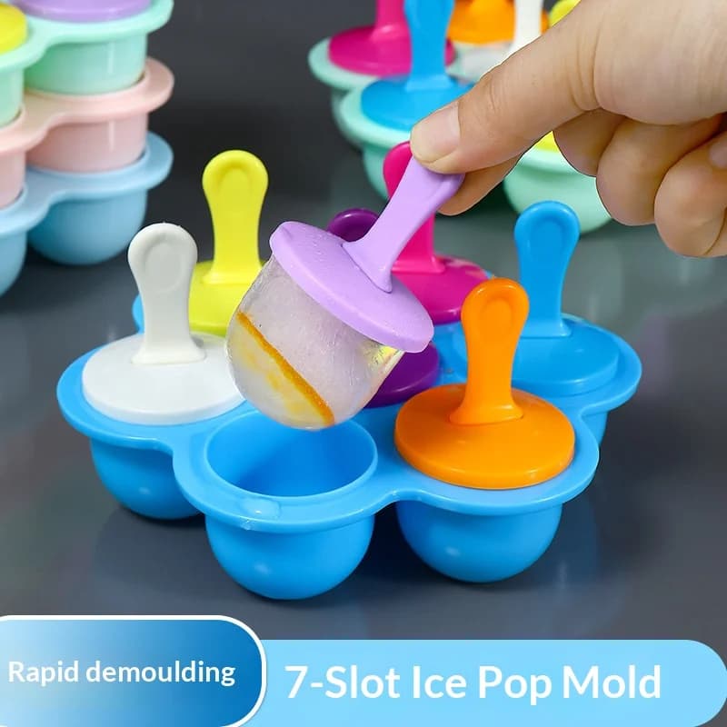 Stampo in Silicone Multiuso a 7 Fori per Cubetti di Ghiaccio e Ghiaccioli con Coperchio, Contenitore per Alimenti per Bambini, Stampo per Palline di Ghiaccio e Ghiaccioli da Congelatore