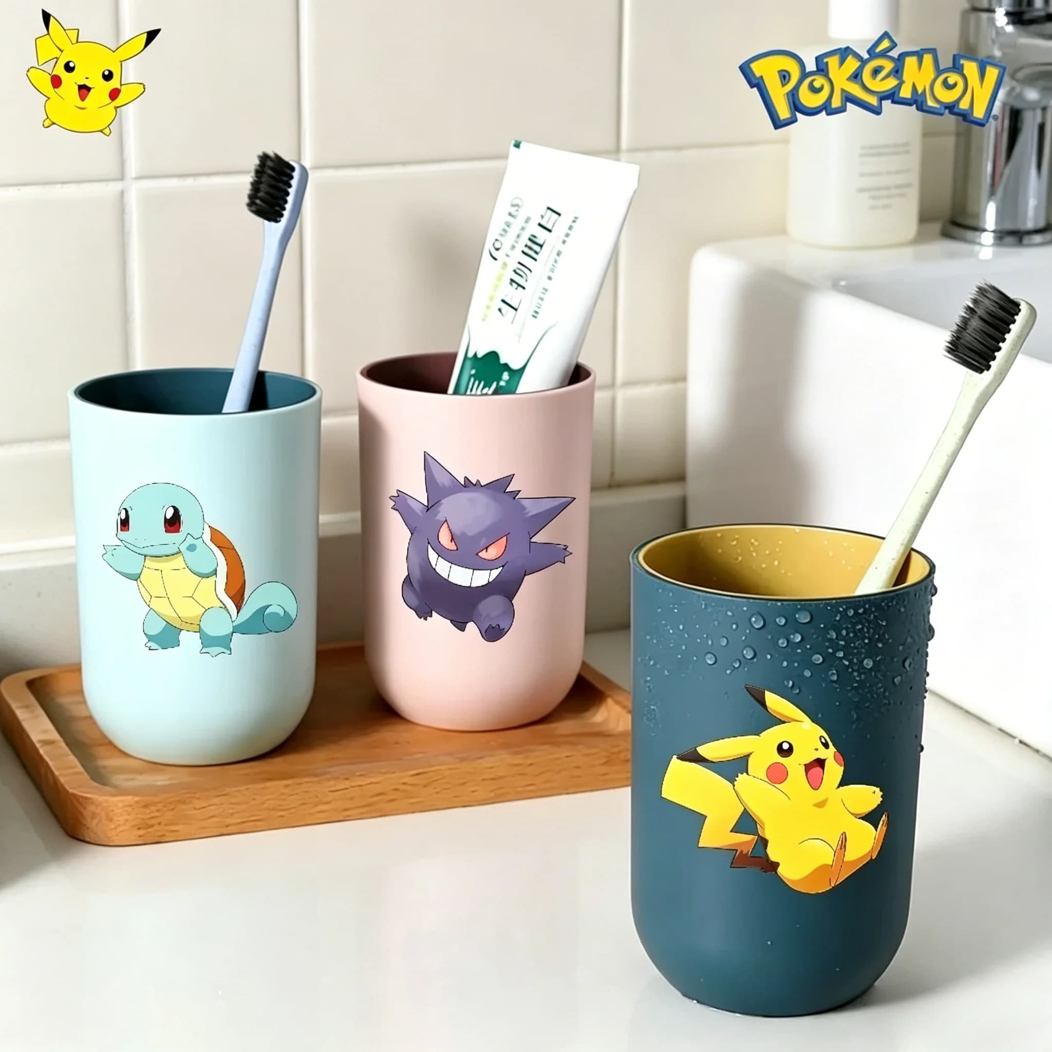 Bicchieri da bagno con personaggi dei cartoni animati Pokemon, accessori da bagno, accessori da viaggio portatili, tazza per spazzolino, regalo di compleanno ideale per bambini