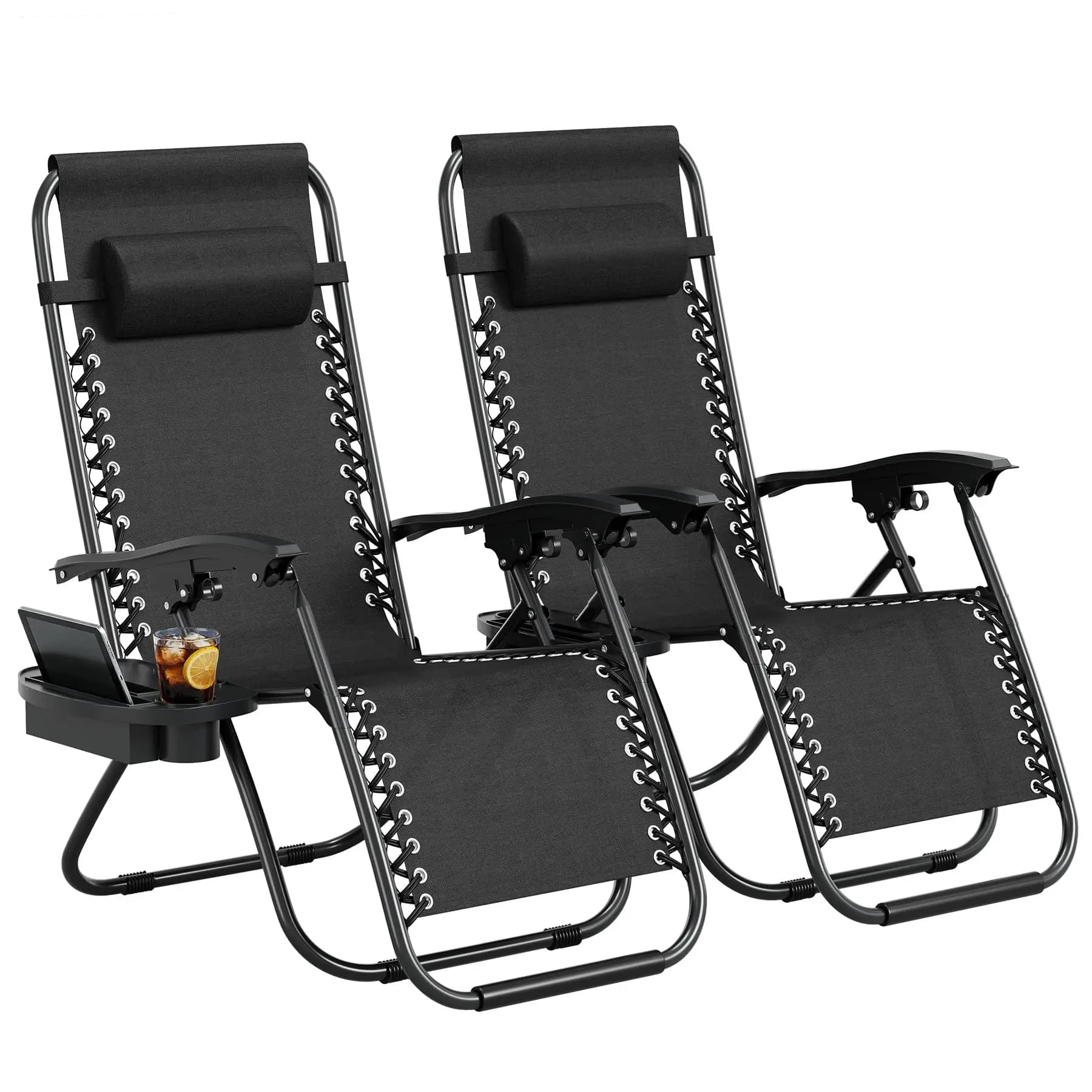 Zero Weighted Patio Lounge Reclining Chairs Set of 2 – Adjustable Folding Outdoor Recliners with Pillow, Cup Holder Tray, Ergonomic Heavy-Duty Steel Frame – Breathable Quick-Dry Textilene for Deck Lawn Garden Beach Backyard