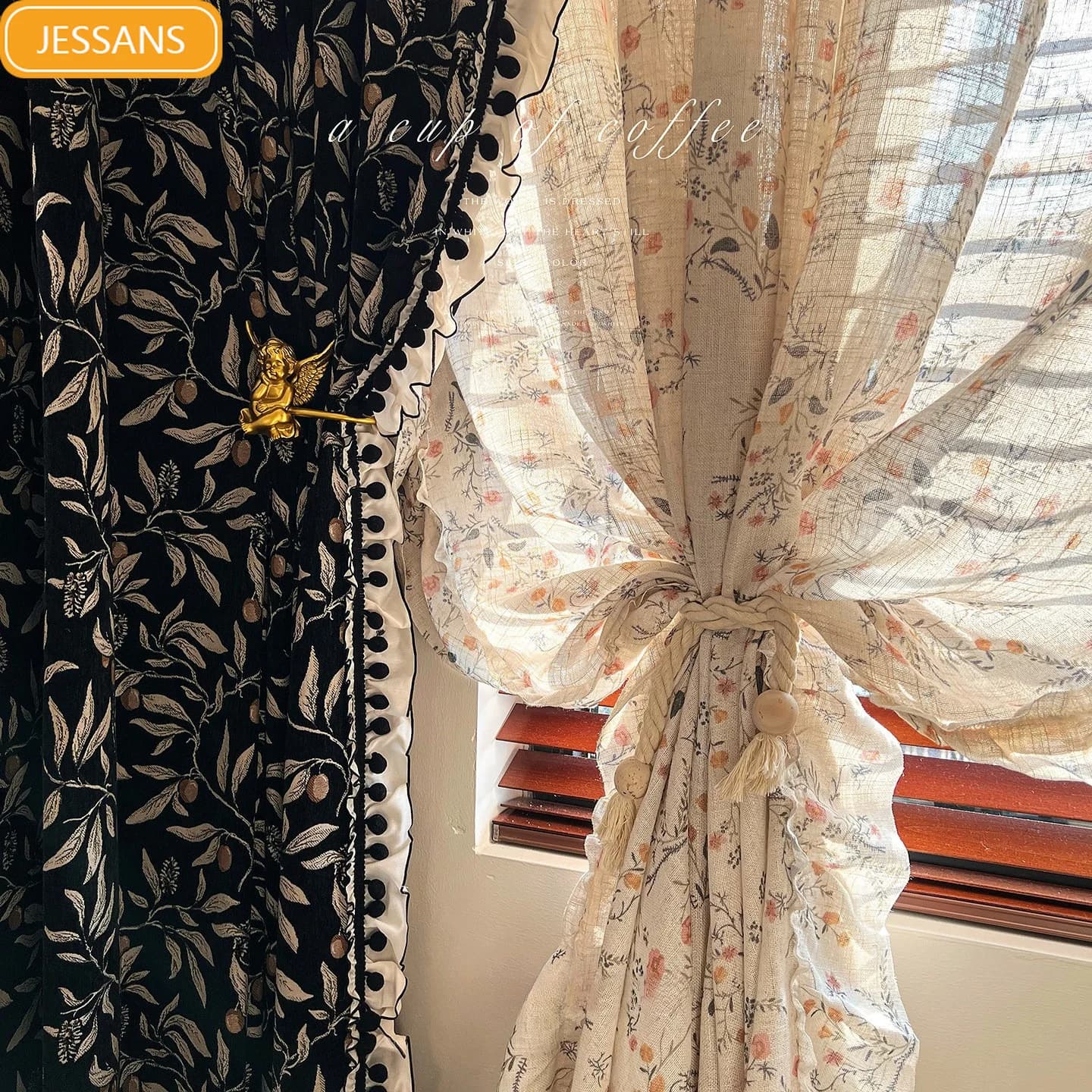 French Hawthorn Black and White Antique Jacquard Wood Ear Edge Splicing Curtains for Living Room Bedroom French Window Screen