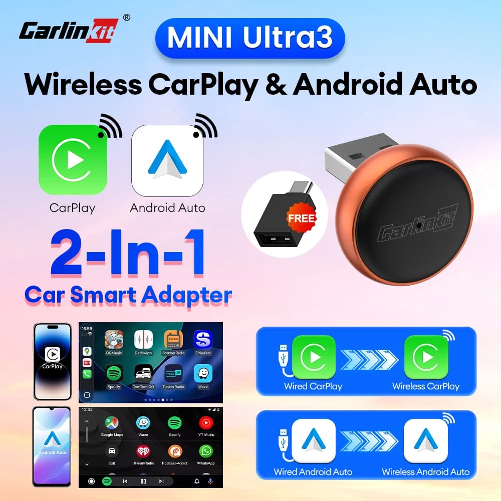 Mini Ultra 3 CarlinKit Wireless Android Auto Box Wired To Wireless CarPlay Adapter Plug &Play Wifi Bluetooth Fast Auto Connect