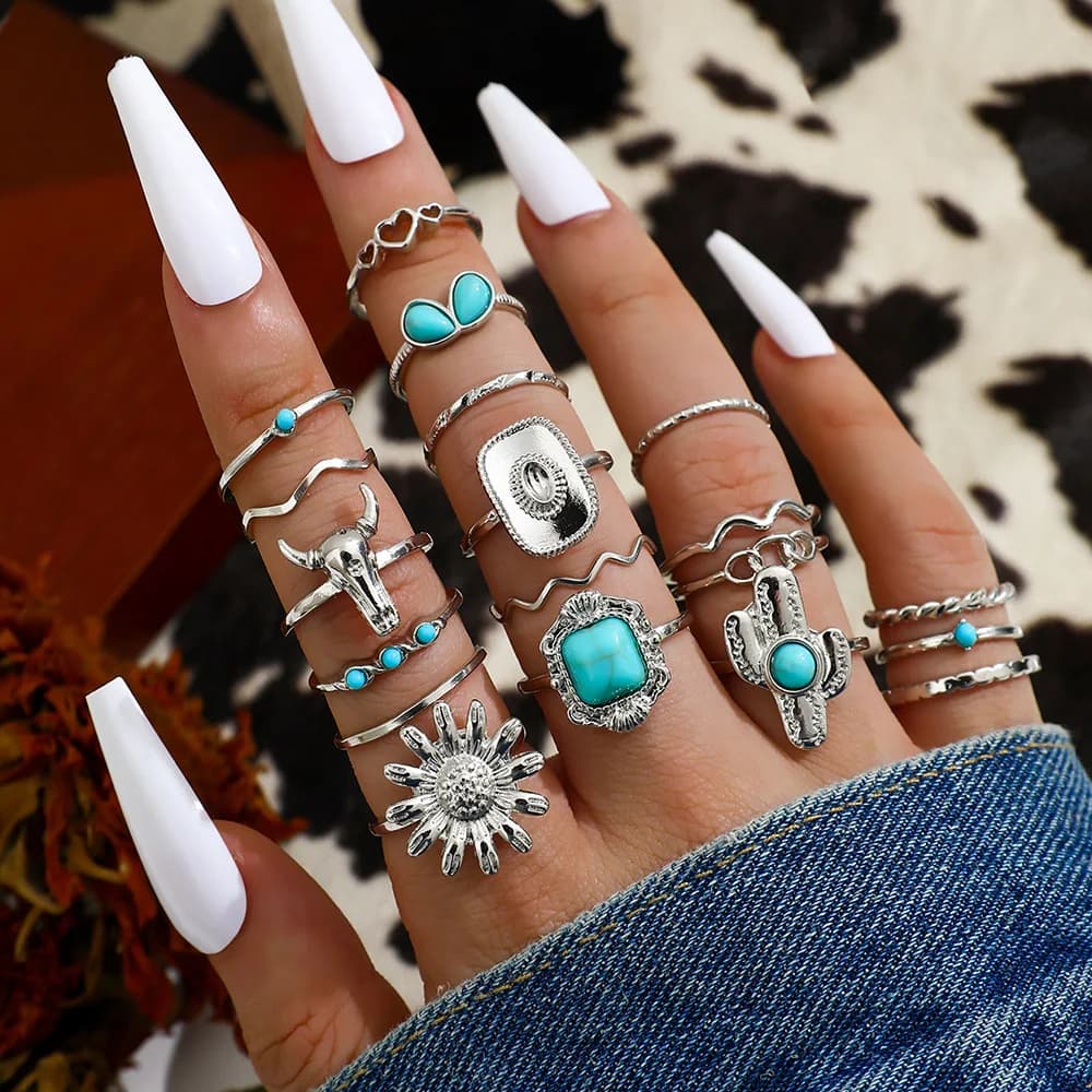 19Pcs/Set Cactus Bow Imitates Turquoise Geometric Sunflower Metal Rings for Men Women Vintage Jewelry Accessories Party Gifts