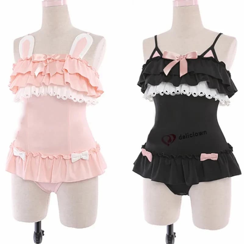 Cute whole cute swimsuit sexy cosplay anime woman Kawaii black cat and rabbit in powder bathing suit Japanese Lolita Sukumizu
