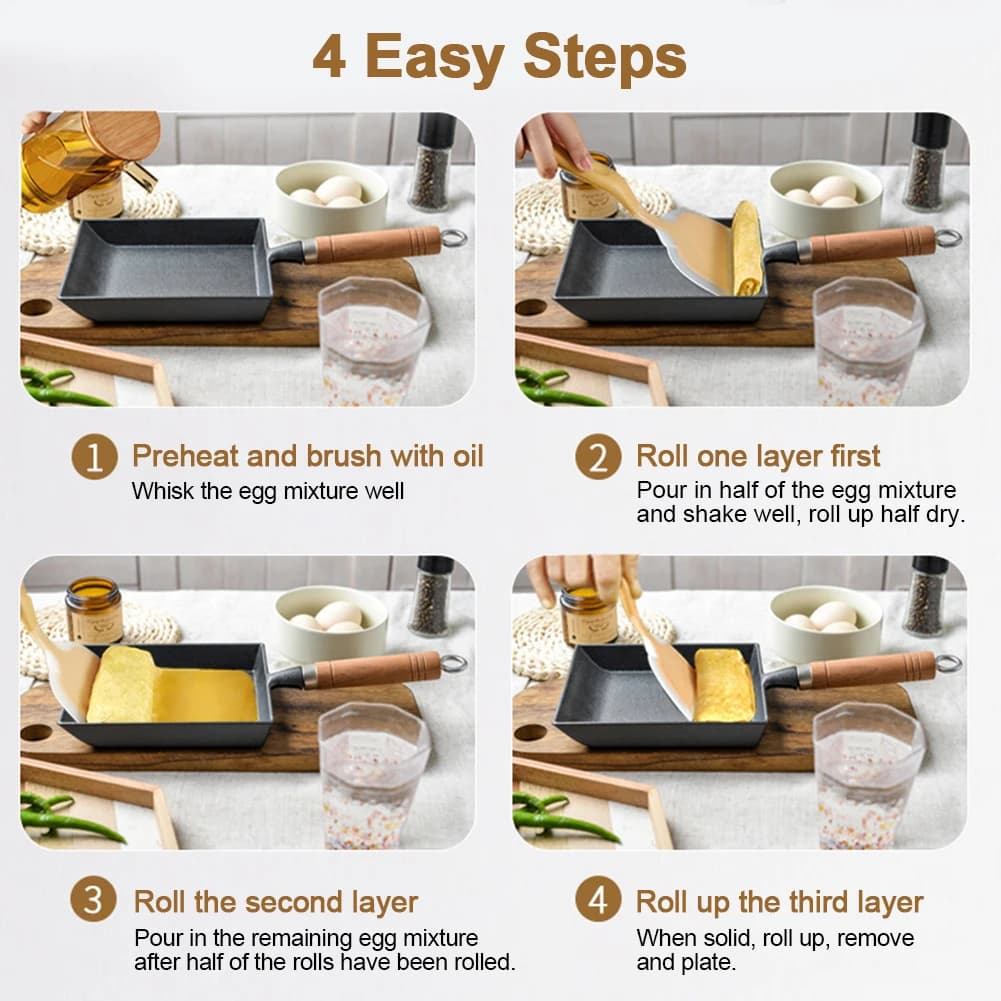 Cast Iron Egg Pan Wood Handle Tamagoyaki Pan Non Scald Japanese Egg Omelette Pan with Oil Brush and Shovel for Camping Picnic