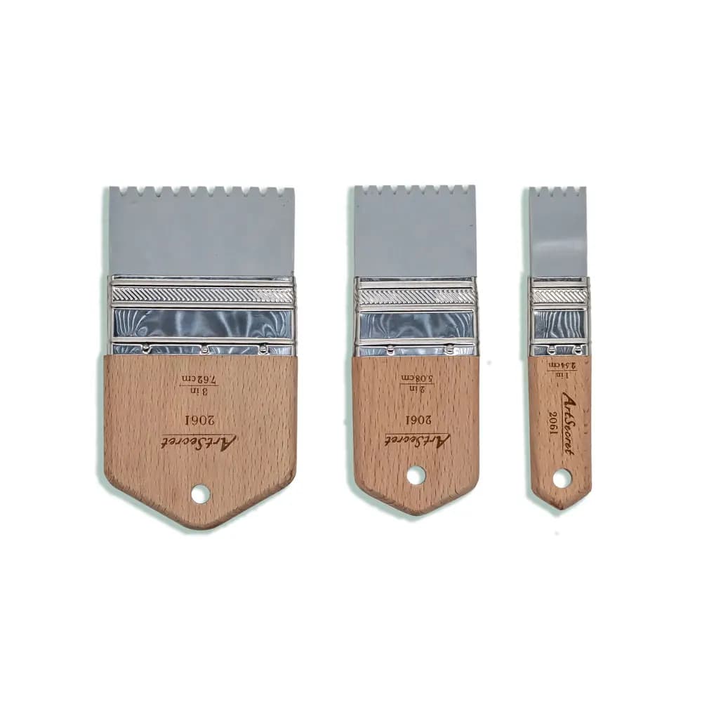 Artsecert New Arrival 3 PCS Silicone Comb Paint Brush Short Wood Handle Flexible Flat Brushes for Acrylic Oil Painting 1-3inch