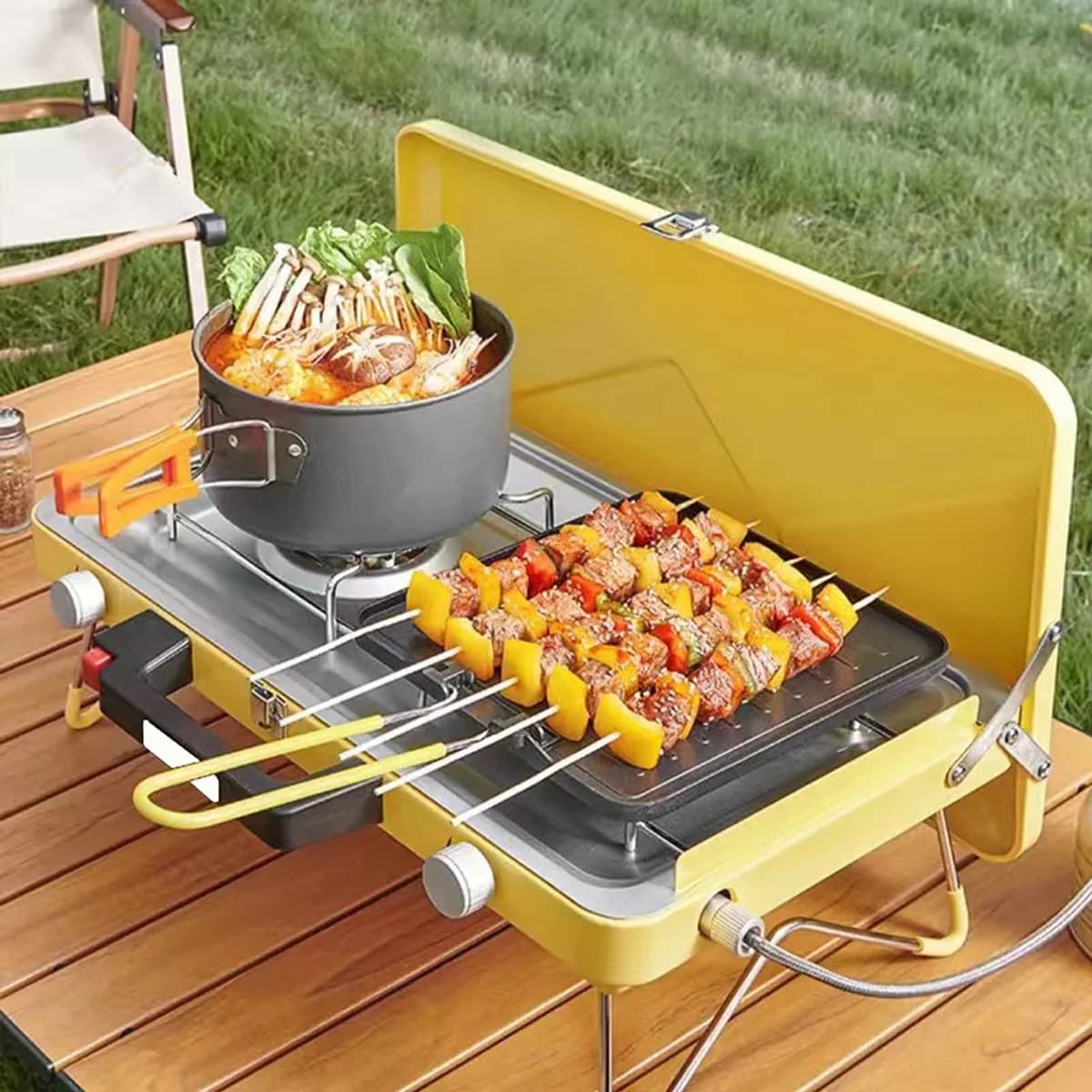 Portable Camping Gas Stove 2 Fires Flat Cooking Grills for Barbecue Folding Gas Oven Patio with Outdoor Kitchen Pot Regulator