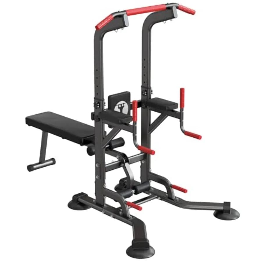 Home gym pull-up bar station with steel frame, black finish, adjustable height and foldable dumbbell bench for multi-function s