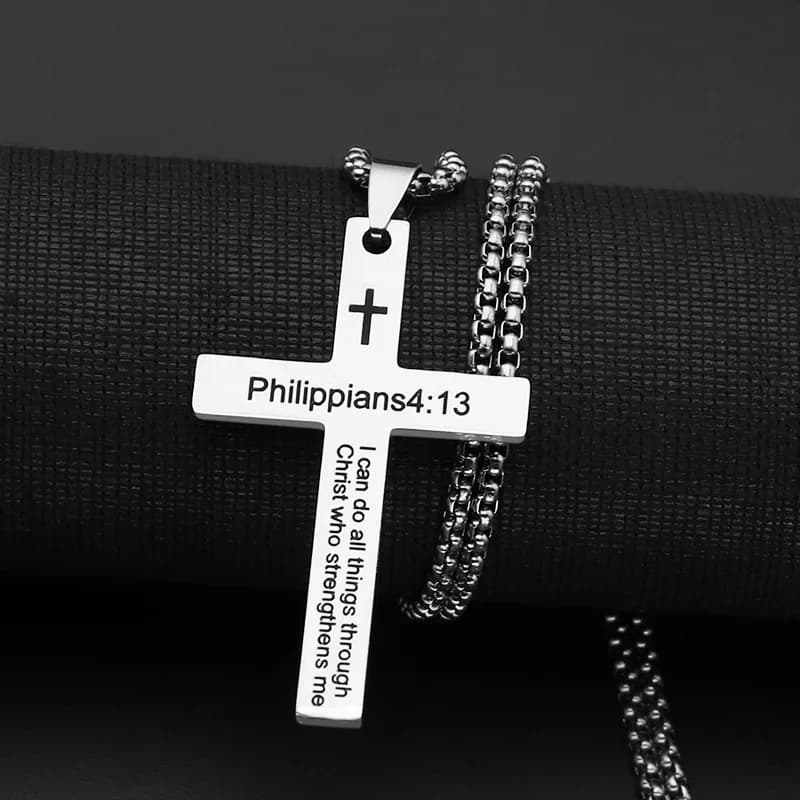 Collana con Ciondolo a Croce Semplice in Acciaio Inossidabile Philippians per Uomo, Gioiello Religioso Talismano per Uomini e Donne