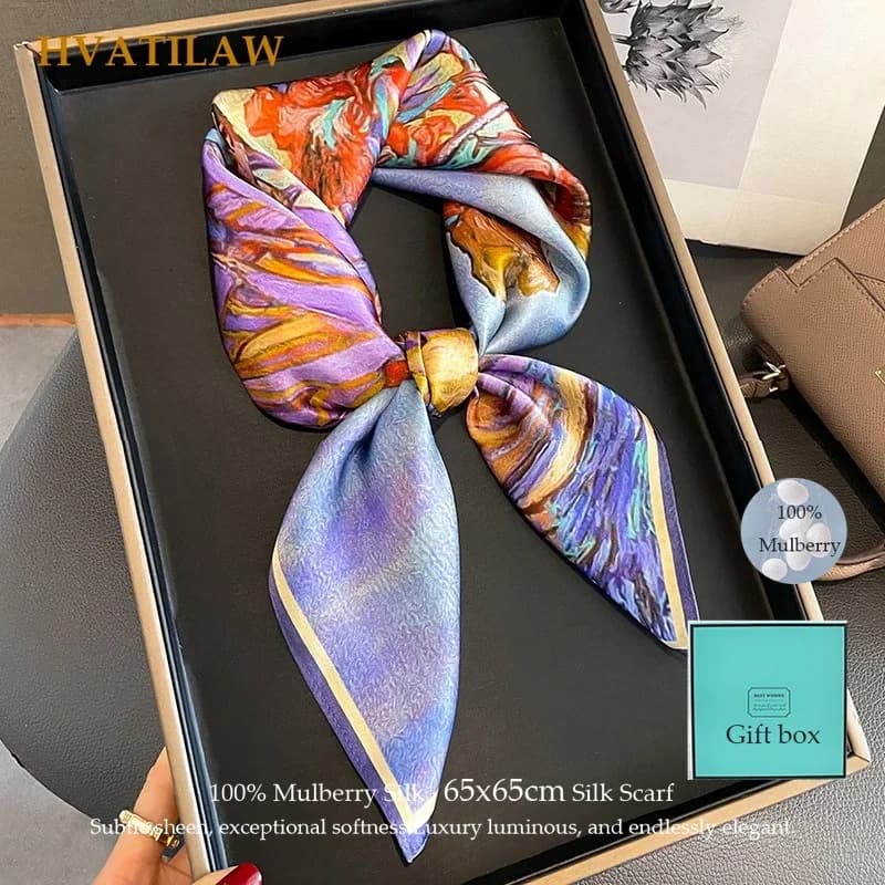 Oil Painting Print 100% Real Silk Scarf Women Luxury 65cm Square Fashion Mulberry Silk Neckerchief Lady Shawl Wrap Hijab Bandana
