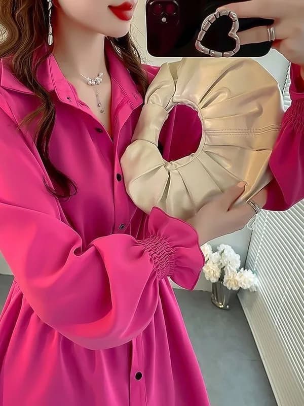 Early Autumn 2025 New Style Blouse Pink Bell Sleeve Chiffon Shirt Slimming Waist High Waist Midi Shirt Korean Style Commute