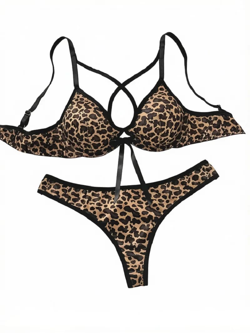 Sexy Leopard Print Lingerie Set Women Cross Hollow Back Bra Bow Thin Cup Push Up Underwear Low Waist Thong 2 Pieces Intimate