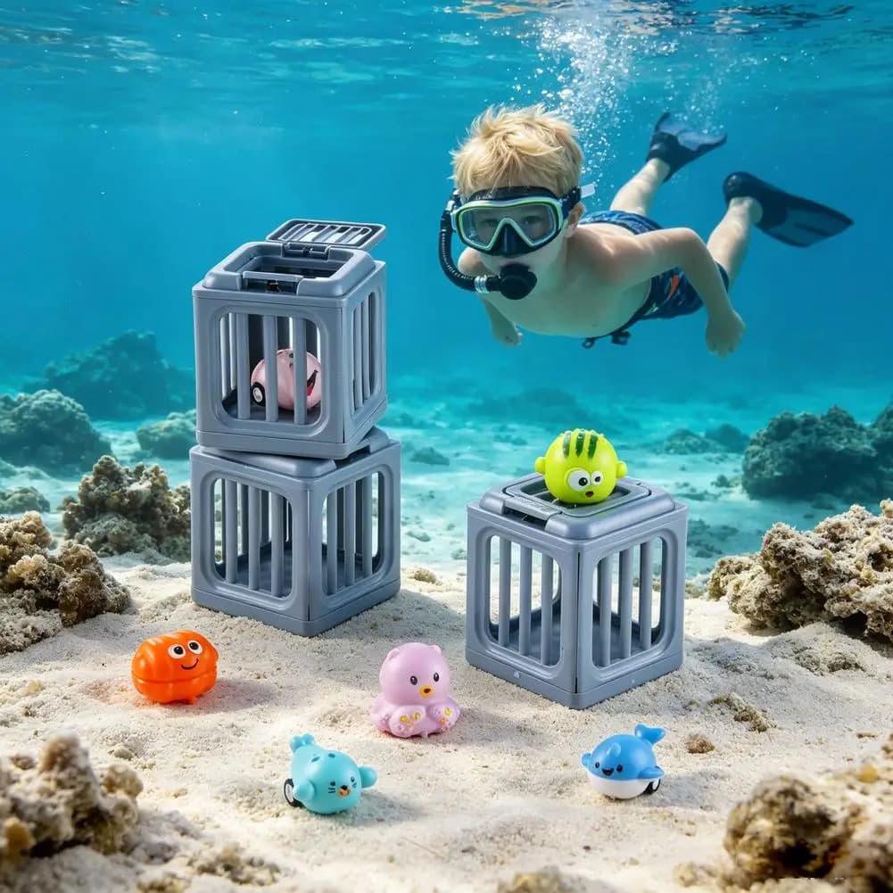 Set di Giocattoli per il Salvataggio della Vita Marina, Gabbia in Plastica con Meccanismo a Molla, Animali Marini Galleggianti per Bagno, Piscina, Spiaggia, Gioco d'Acqua, Regalo Educativo per Bambini