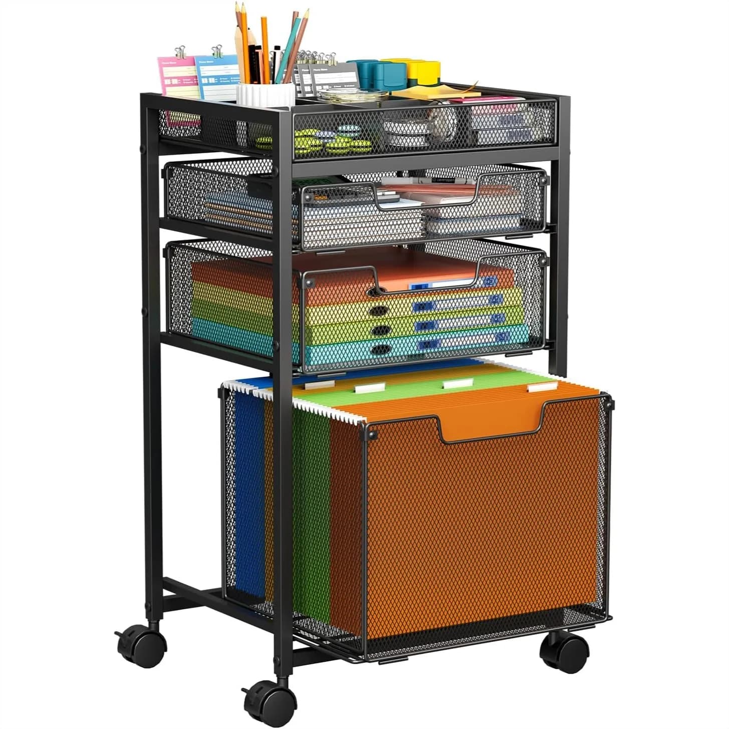 Carrello Portadocumenti con 3 Cassetti, Armadietto Portadocumenti Sotto Scrivania con Divisori Personalizzabili, Organizzatore per Cartelle Appese su Ruote
