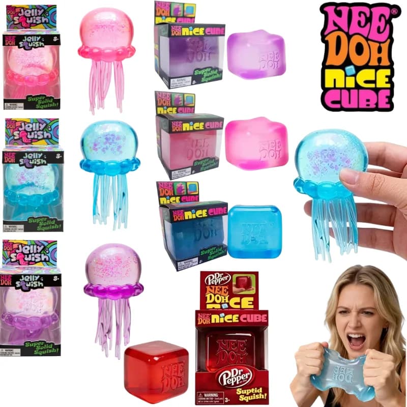 Schylling Nee Doh Jellyfish & Cube Squish Toy, Soft Jelly Squeeze Stress Relief Fidget Toy, Sensory NeeDoh for Kids & Adults