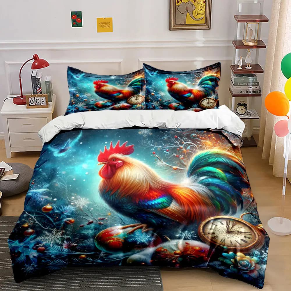Set copripiumino con motivo gallo colorato e elementi invernali, stampa digitale, biancheria da letto in poliestere colorato con chiusura a cerniera, regali