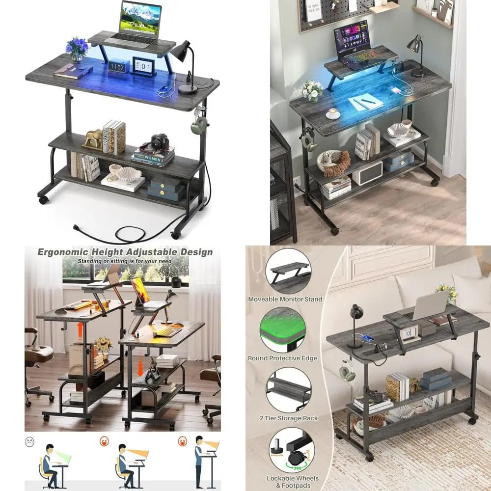 Adjustable height desk with power sockets and LED lights - 39 manual standing desk with monitor support and storage shelves