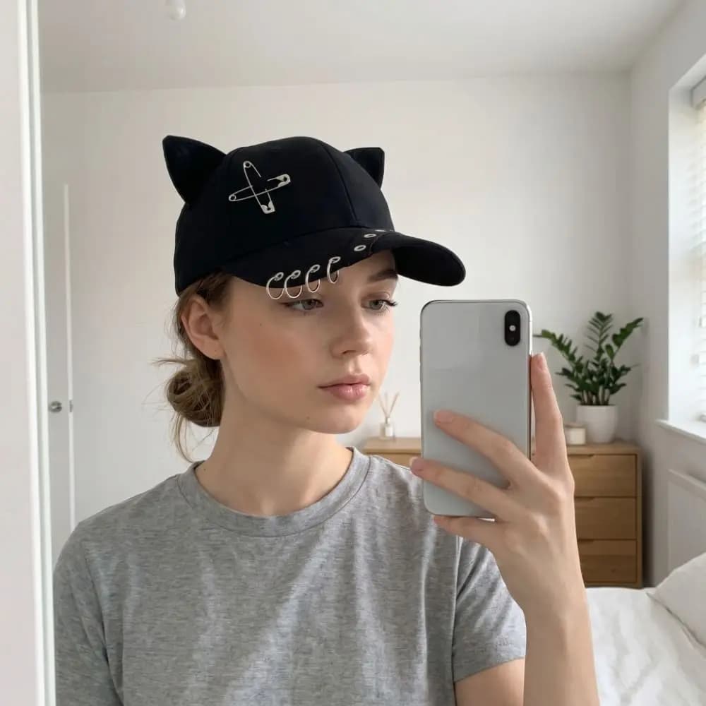 Retro Hiphop Cat Ear Baseball Cap Rivet Pin Metal Ring Baseball Hat Korean Style Punk Sun Hat Girl