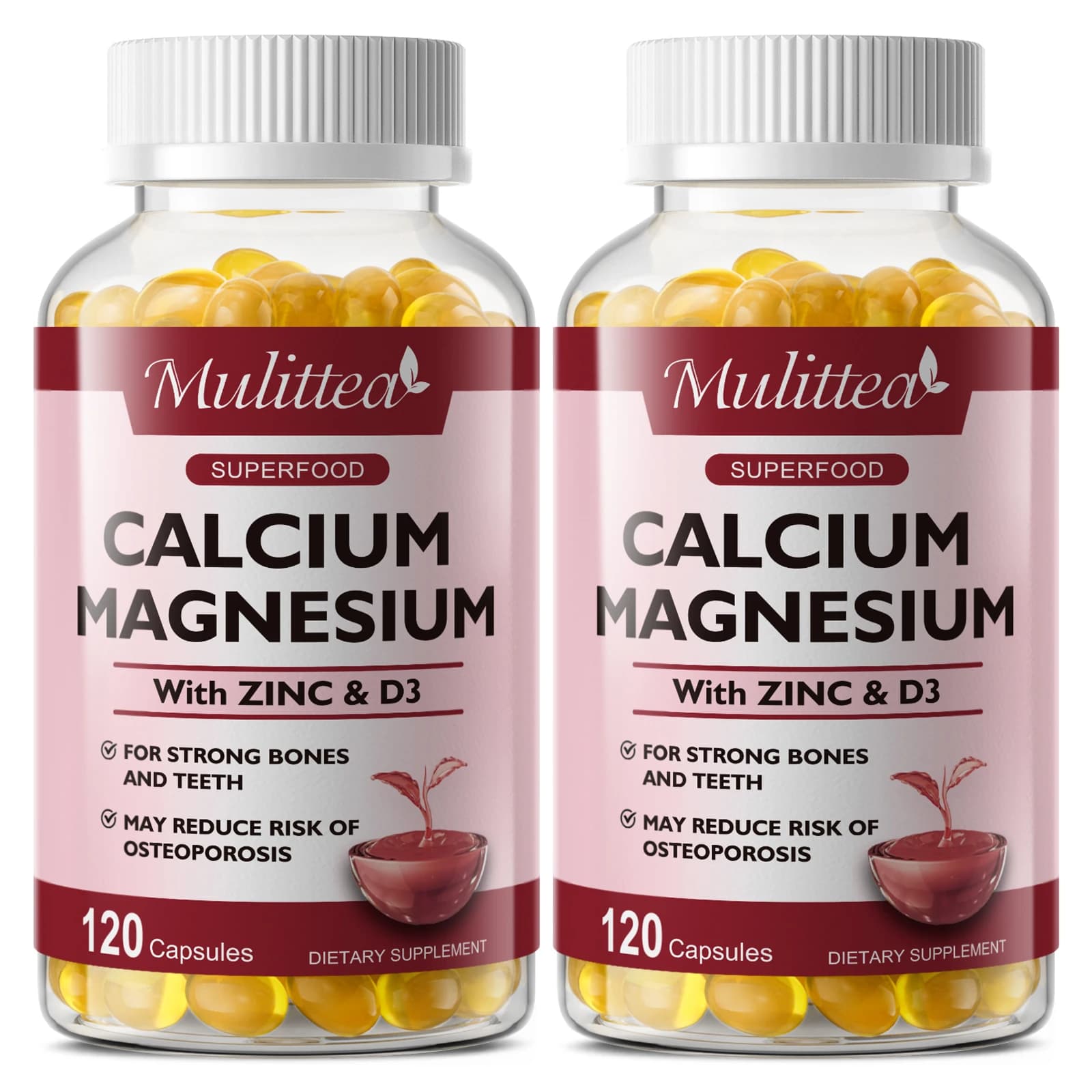 Mulittea Capsules of Calcium and Magnesium with Complex of Zinc and Vitamin D3, Supplement for Bones and Fort Tooths, Easy to Absorb, Non-GMO