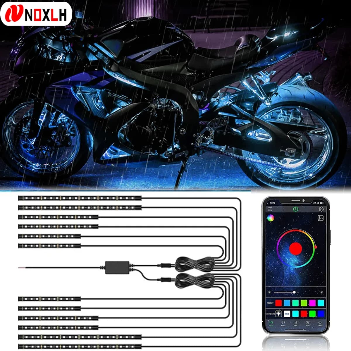 RGB Flexible Waterproof LED Motorcycle Decorative Environmental Light Strip APP Sound Control Backlight For Motorcycle Atmospheric Lamp For Car 12v