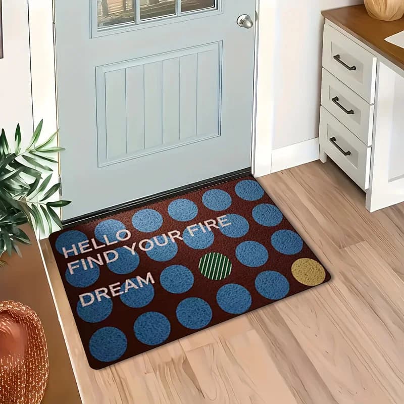 Tappeto marrone a pois con slogan “Hello Find Your Fire Dream” – Tappeto con slogan ispiratore per l'ingresso e l'arredamento del bagno