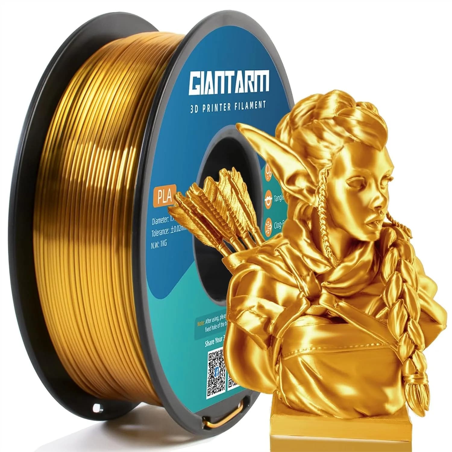 Filamento PLA Silk Gold 1.75mm, Bobina da 1kg, Finitura Lucida per Stampa 3D, Precisione Dimensionale +/- 0.03mm