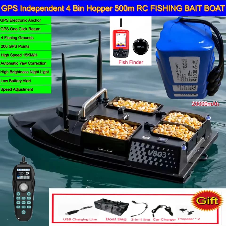 Barca da Pesca GPS 55CM 15KM/H con Ritorno Automatico, 500M, 4 Zone di Pesca, 200 Punti di Ancoraggio, 4 Cabine, Impermeabile, Carico Pesante KG