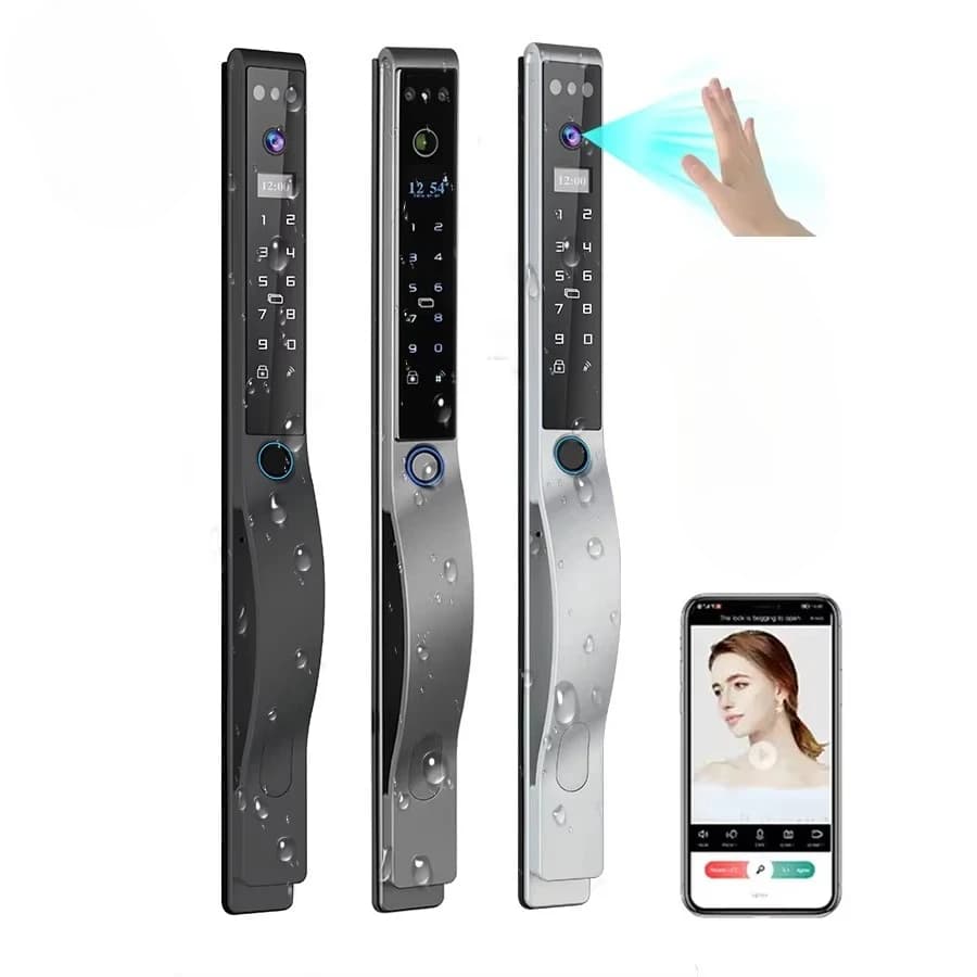 Smart Lock per porta in vetro e legno Impermeabile Ip68 3D Face & Fingerprint Scheda di rete Codice Accesso Sblocco chiave