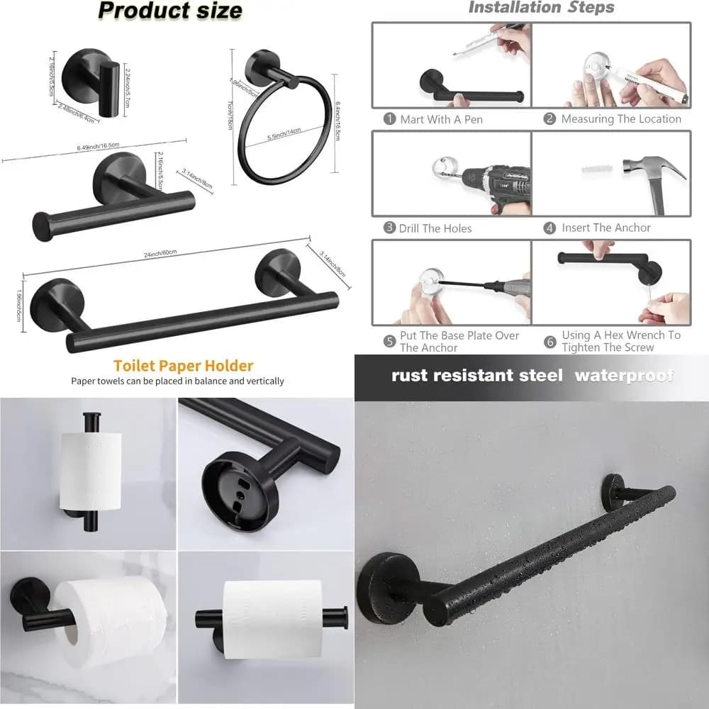 24 Set di accessori da bagno nero opaco: portasciugamani, porta carta igienica, gancio per accappatoio, realizzato in acciaio inossidabile SUS304