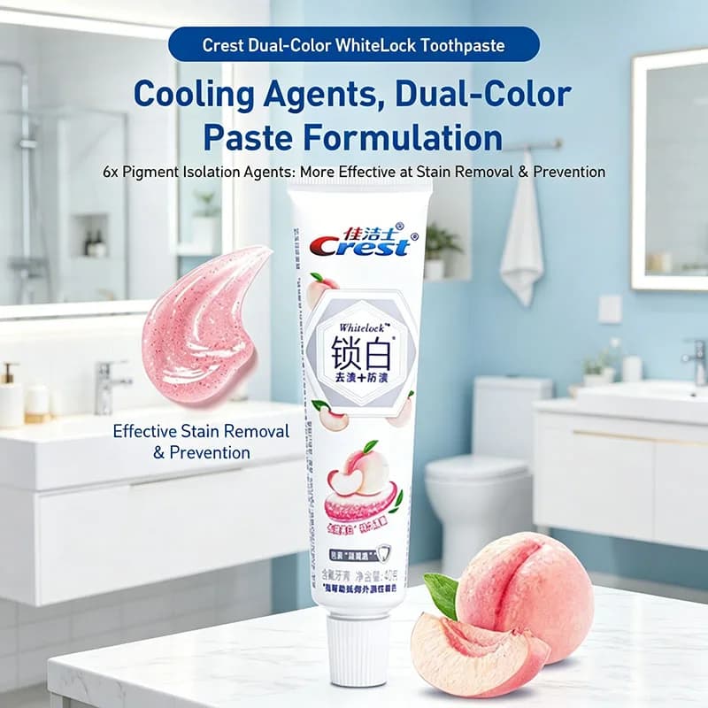 Dentifricio Sbiancante Crest YGSB40 Bicolore al Gusto Pesca Bianca per Rimuovere le Macchie sui Denti, Rinfrescare l'Alito e Illuminare i Denti