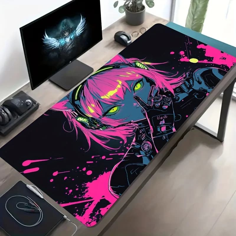 Large Gaming Mouse Pad,Desk Mat,Anti-slip,Stitched Edges,Soft Rubber,Pink Hair Headset Cyber Girl Anime Deskpad For Office Use