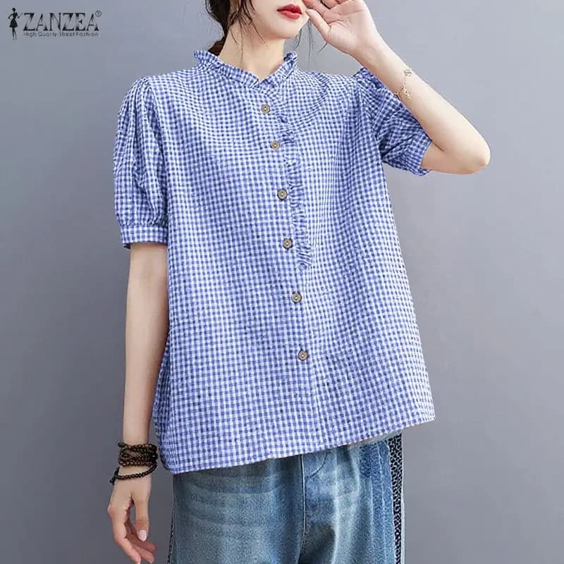 ZANZEA Camicie Gingham Donna Estate 2026 Eleganti con Colletto Arricciato Maniche Corte a Sbuffo Abbottonate Top a Quadri Abbigliamento Donna S-3XL