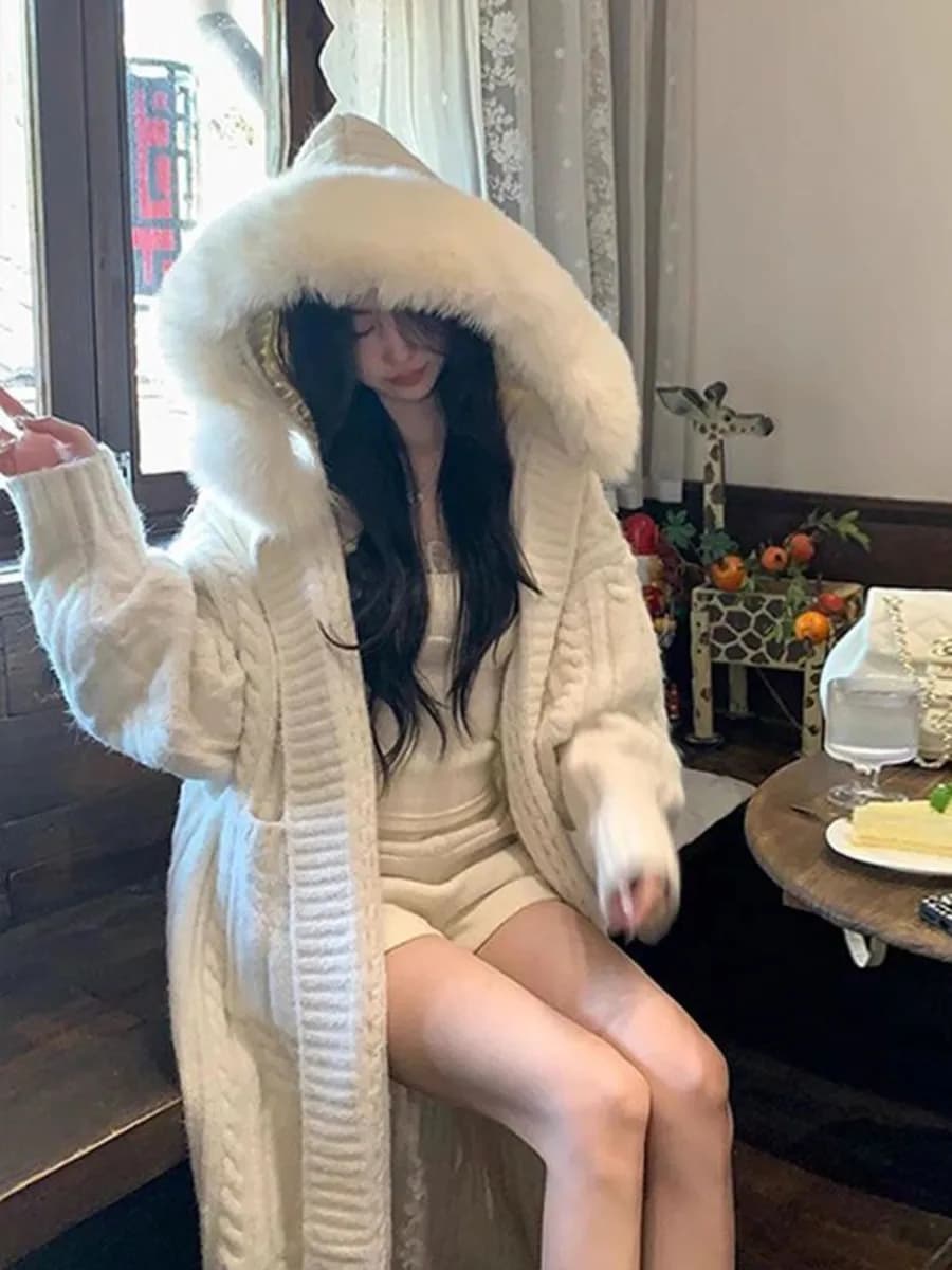 Giacca maglione con cappuccio in pelliccia Donna Cardigan autunno inverno Giacca lunga autunnale addensata Maglieria casual per il tempo libero semplice allentata femminile