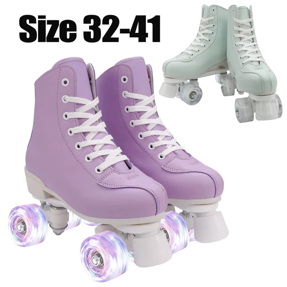 pink purple woman Children double row roller skates Pink Purple Leather Breathable 4 wheels Sliding skating sneakers size 31 32 33 34