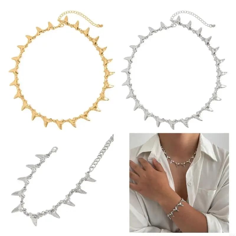 Shark Tooth Necklace Bracelet Gold Silver Alloy Wrist Neck Jewelry For Men Women