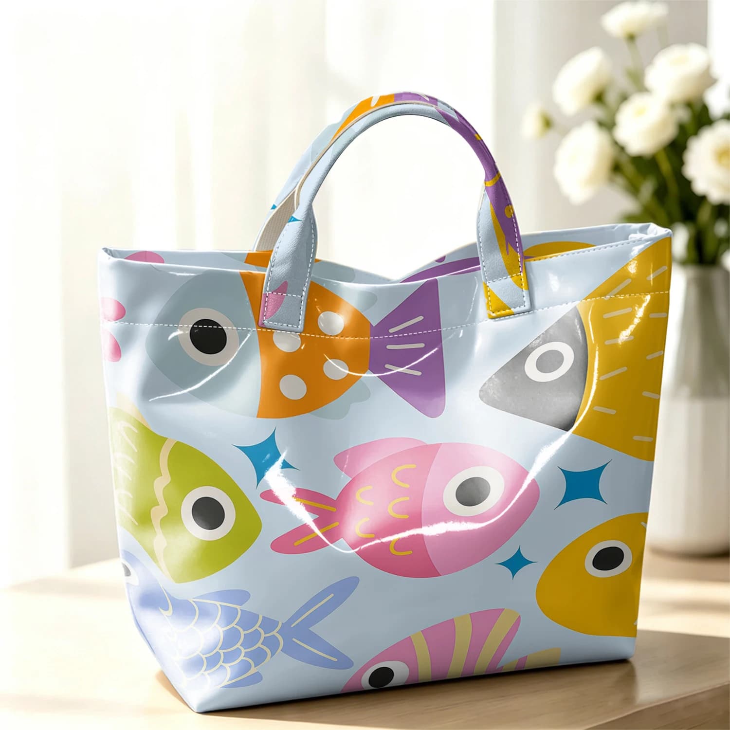 Cartoon Fish Fashion Large Glossy PVC Tote Bag Hand Washable Waterproof Perfect Travel Commute Cosmetic Storage Shopper